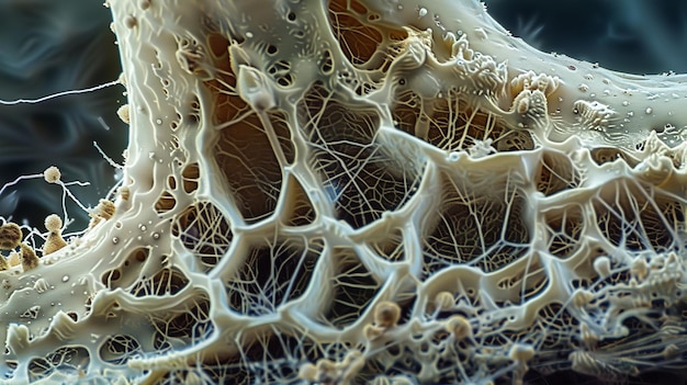 The mycelium network is seen in this microscopic view of a mushroom stem as thin threads encircling the base Generative AI