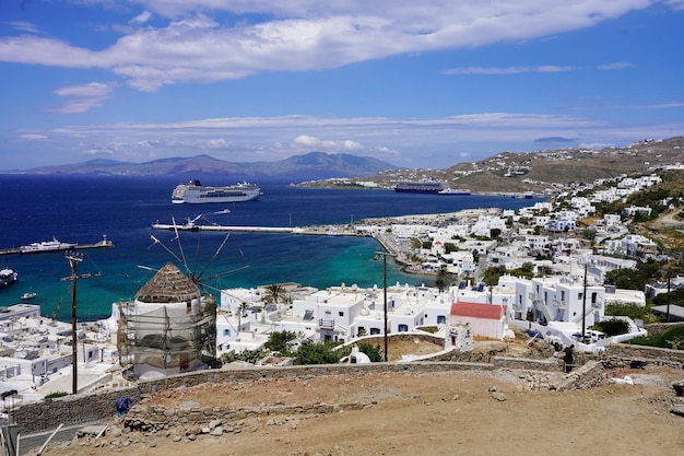 Mykonos cityscape with cruise liner in Mediterranean Sea Greece