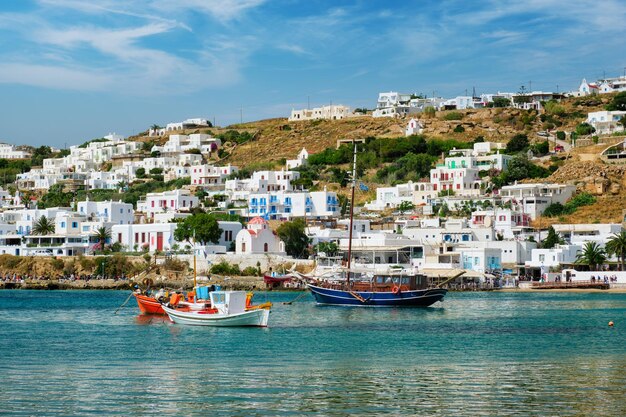 Mykonos port with fishing boats and yachts and vessels Greece