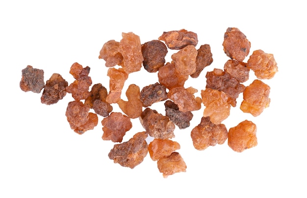 Myrrh resin isolated on white background Pile of natural Commiphora myrrha Sweet Myrrh Opoponax Incense Top view