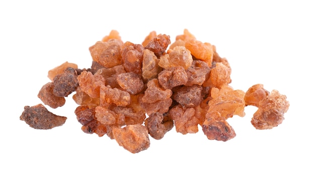 Myrrh resin isolated on white background pile of natural commiphora myrrha sweet myrrh opoponax