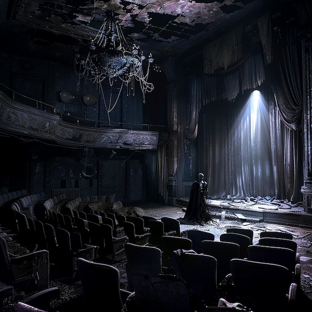 Photo mysterious abandoned theater with draped curtains and eerie lighting for haunted and spooky concepts