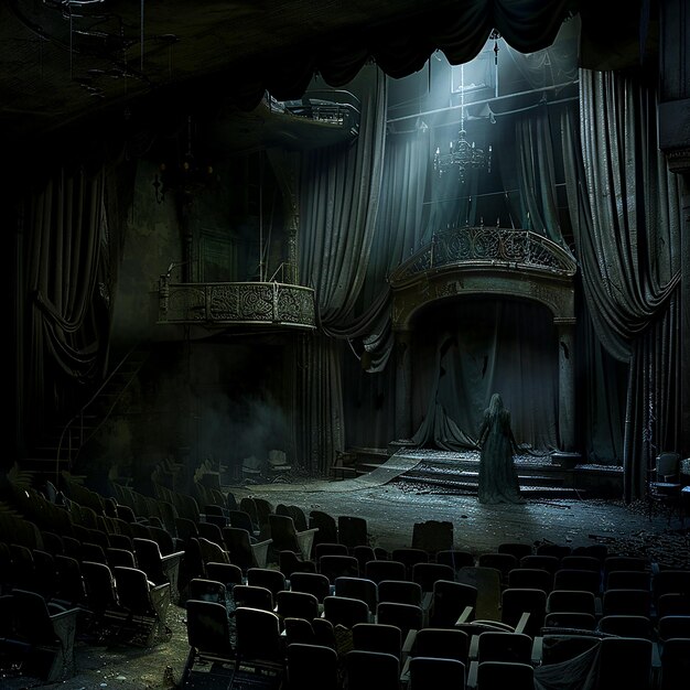 Photo mysterious abandoned theater with draped curtains and eerie lighting for haunted and spooky concepts