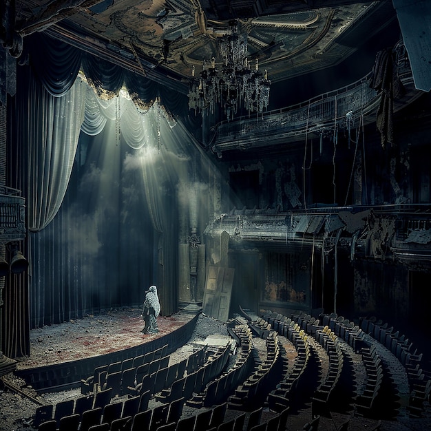 Photo mysterious abandoned theater with draped curtains and eerie lighting for haunted and spooky concepts