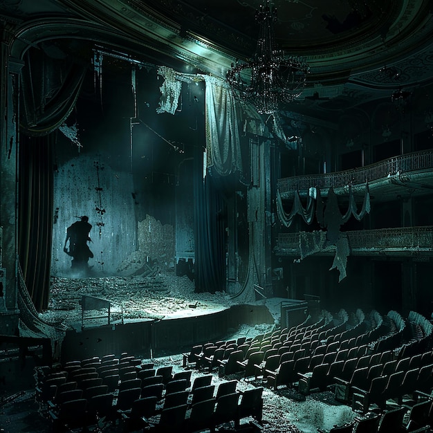 Photo mysterious abandoned theater with draped curtains and eerie lighting for haunted and spooky concepts