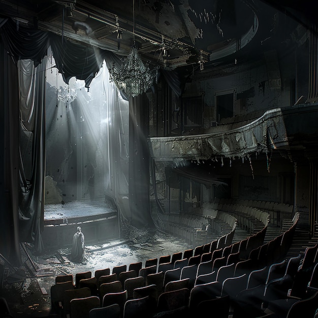 Photo mysterious abandoned theater with draped curtains and eerie lighting for haunted and spooky concepts