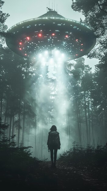 Mysterious Alien UFO Hovering Over Forest with Light Beam and Silhouette