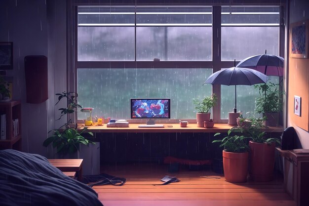 A mysterious and alluring lofi interior with a window view of a rainy day AI_Generated