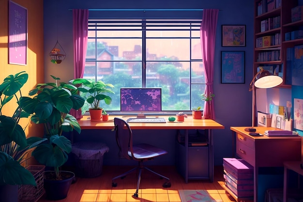 A mysterious and alluring lofi interior with a window view of a rainy day AI_Generated