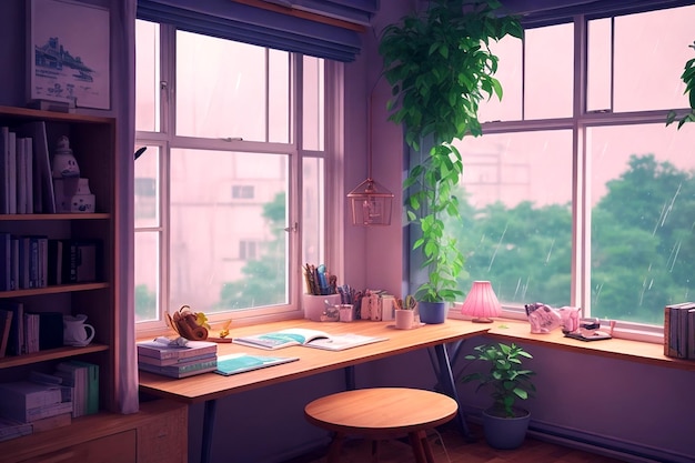 A mysterious and alluring lofi interior with a window view of a rainy day AI_Generated