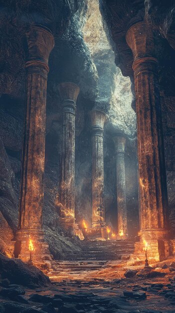 Photo mysterious ancient cave with stone pillars and flickering flames creating an eerie ambiance and captivating atmosphere