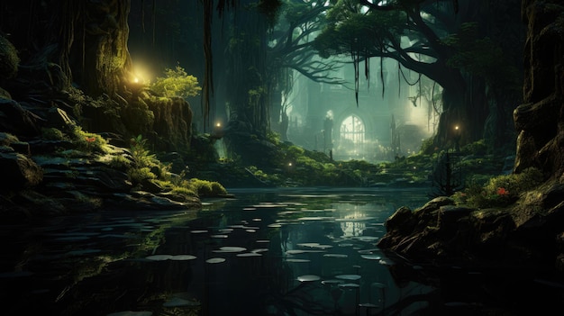 Mysterious ancient forest with a hidden glowing pond background Created with Generative AI technology