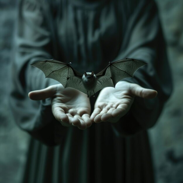 Photo mysterious bat emerging from hands in dimly lit gothic setting