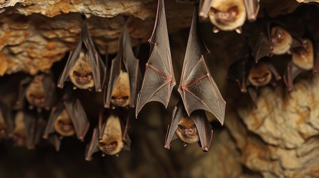 Mysterious bats hang in a cave their wings wrapped