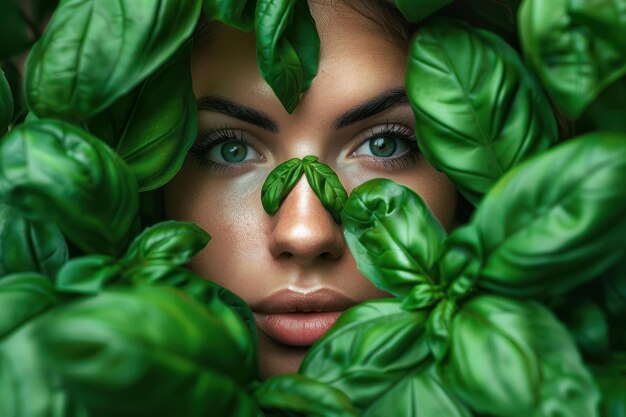 Photo mysterious beauty amongst fresh basil leaves