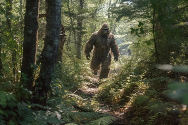 Mysterious bigfoot sighting in the deep forest generative AI illustration