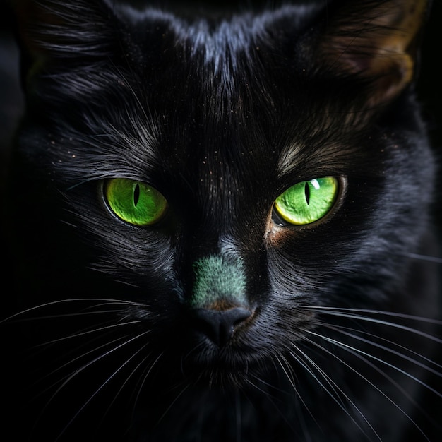 Mysterious black cat with piercing green eyes