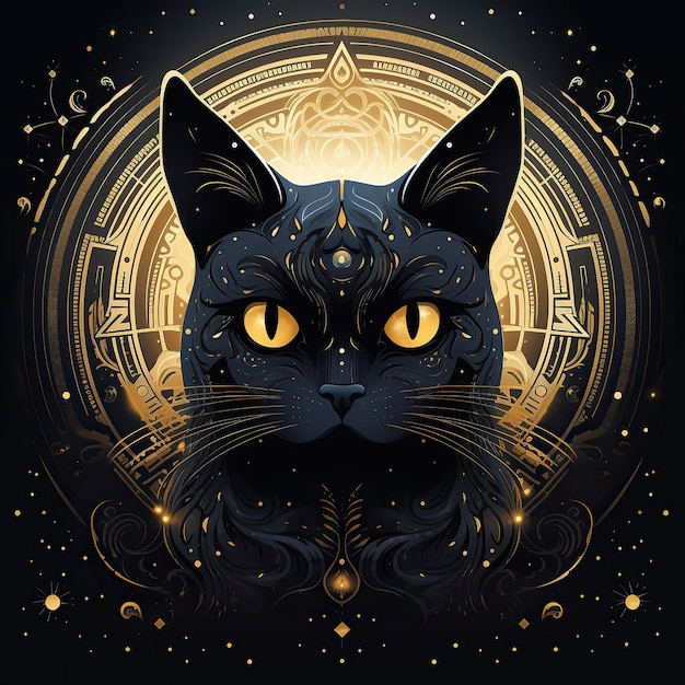 A Mysterious Black Cat with a Shining Golden Pattern