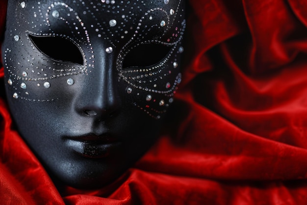 Photo a mysterious black mask adorned with silver details rests elegantly on crimson velvet