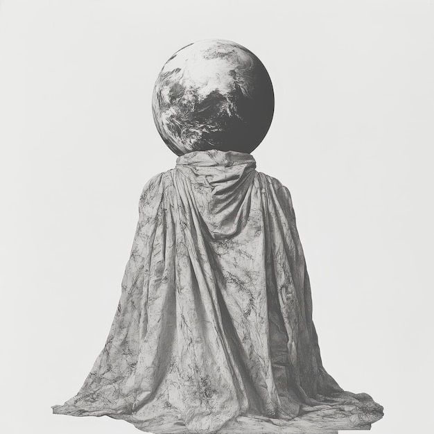 Mysterious black and white image of a man in a black cloak with a globe