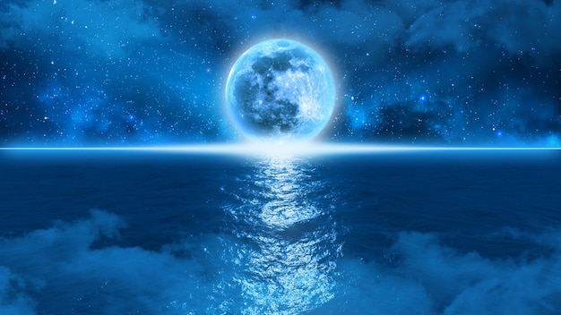 The mysterious blue moon touches the horizon at the edge of the ocean against a starry sky in the fog, 3d illustration