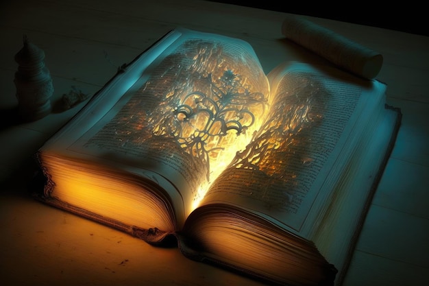 A mysterious book with a glowing light emitting from its pages and illuminating the surrounding area