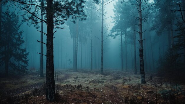 Mysterious Calm Pine Forest with Thick Fog Ethereal Scene