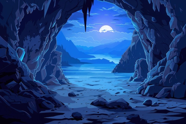 Mysterious Cave Entrance Overlooking a Moonlit Ocean