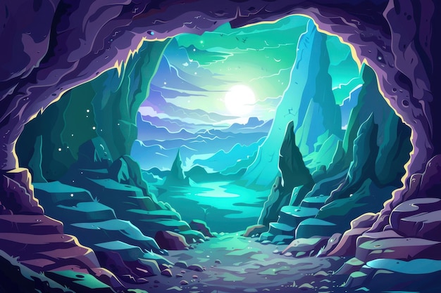 Mysterious Cave Entrance with Glowing Moonlight and Rocky Landscape