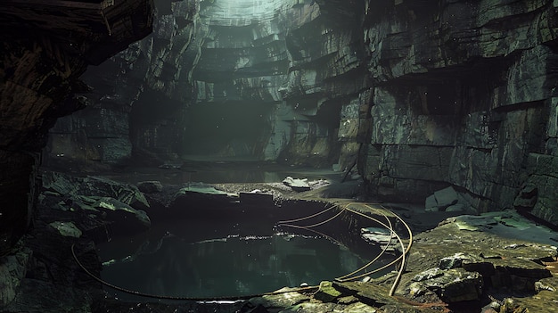 Mysterious Cave Entrance with Pool of Water and Rusty Chains