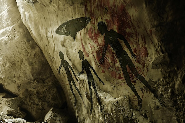 Photo mysterious cave painting depicting alien visitors and a ufo