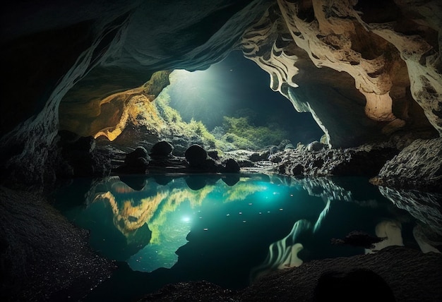 Mysterious cave with a beautiful underground lake and hanging stalactites on sunset AI Generated