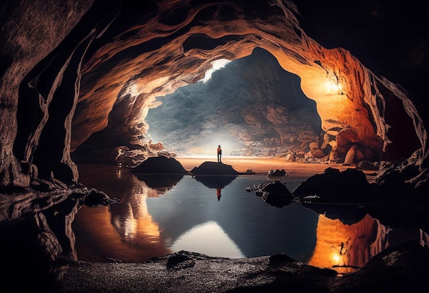 Mysterious cave with a beautiful underground lake and hanging stalactites on sunset AI Generated