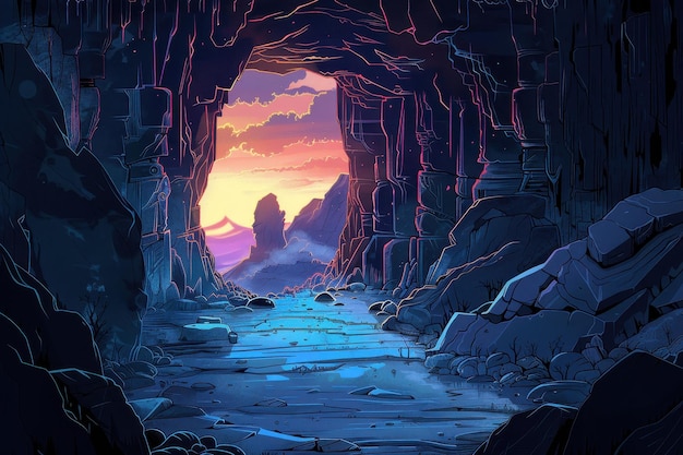 Mysterious cavern entrance bathed in vibrant sunset hues reveals a majestic mountain landscape