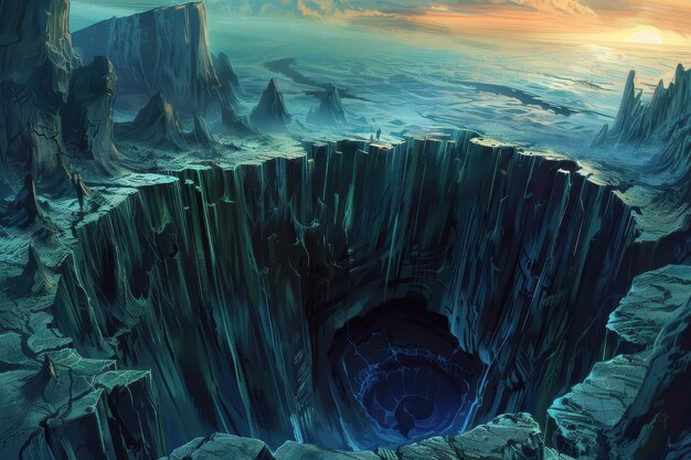 Photo mysterious chasm in alien landscape with distant figures