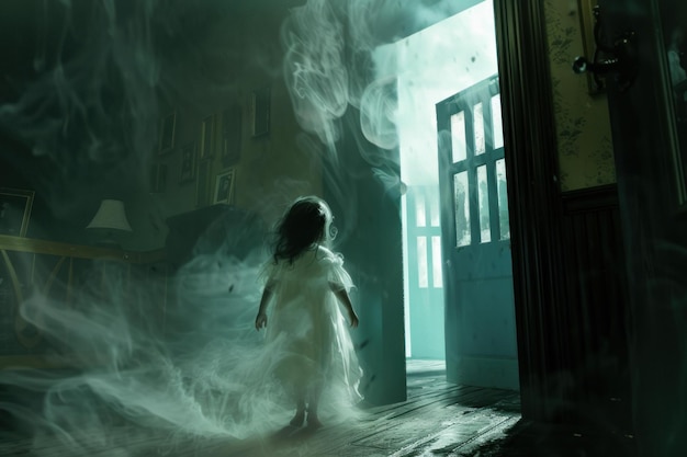 Mysterious child in a haunted room with ghostly smoke