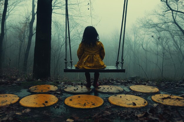 Photo mysterious child in a yellow raincoat sitting on swing in foggy forest evoking sense of dread