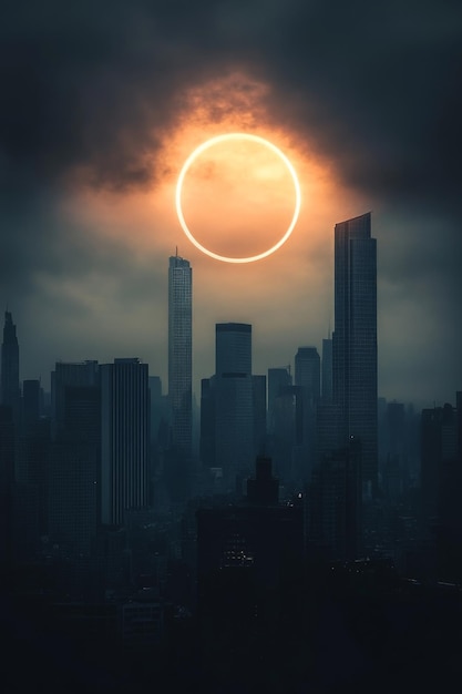 Photo mysterious city skyline a solar eclipse casts shadows and glowsenigmatic light