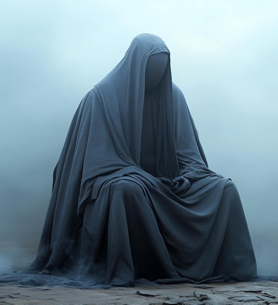 Photo mysterious cloaked figure seated in fog during twilight