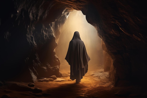 Mysterious cloaked figure standing at the entrance of a hidden cave Generative AI