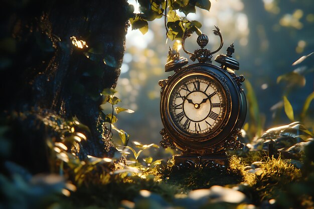 Photo mysterious clock in enchanted wonderland under soft light