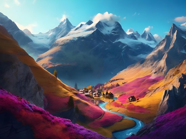 A mysterious colorful mountain Valley of Switzerland mesmerizing beauty 8k detailing