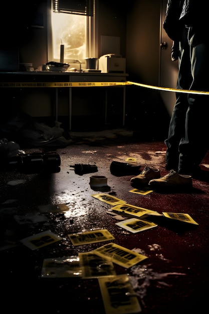 Photo mysterious crime scene forensic investigation in dim light with evidentiary marks and signs of stru