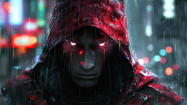 Mysterious cyberpunk cyborg man with a red hoodie and dangerous glowing eyes wallpaper AI generated image