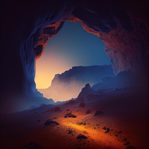 Mysterious dark cave landscape at sunset or sunrise Generative AI