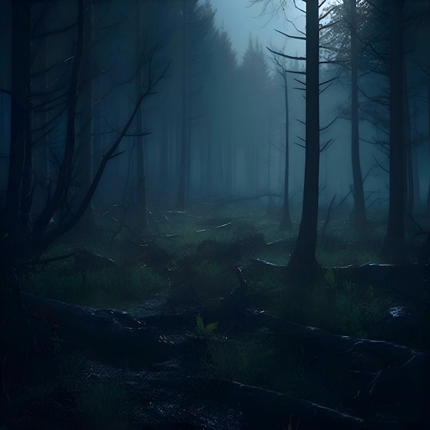 Mysterious dark forest at night with fog 3d illustration