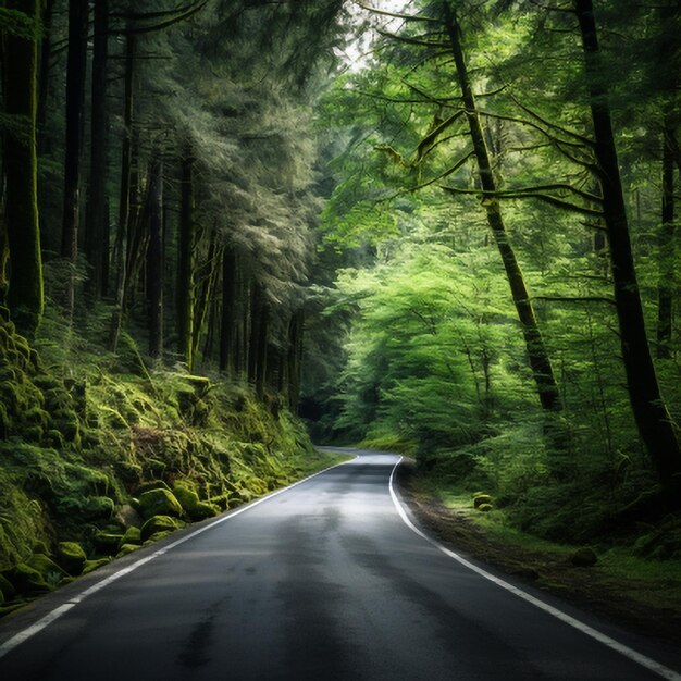 Mysterious dark forest road glowing by sunligh