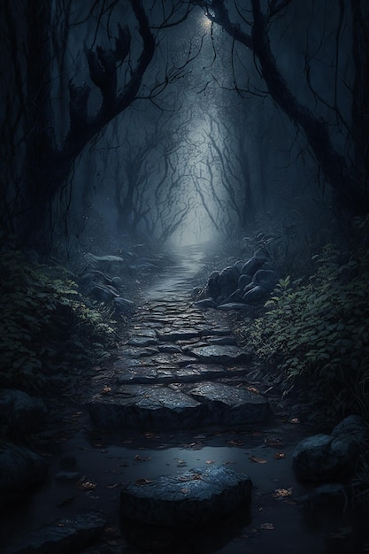 Mysterious dark forest with fog and stone path Halloween concept Generative AI