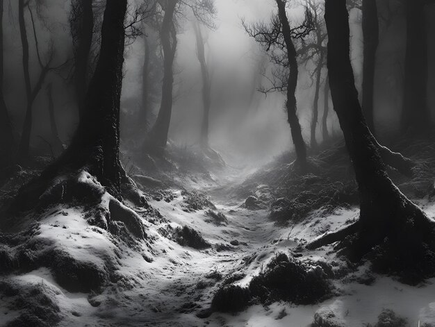 Photo mysterious dark forest with snowcovered ground and twisted trees enveloped in thick fog ideal for eerie landscapes fantasy scenes and atmospheric design projects