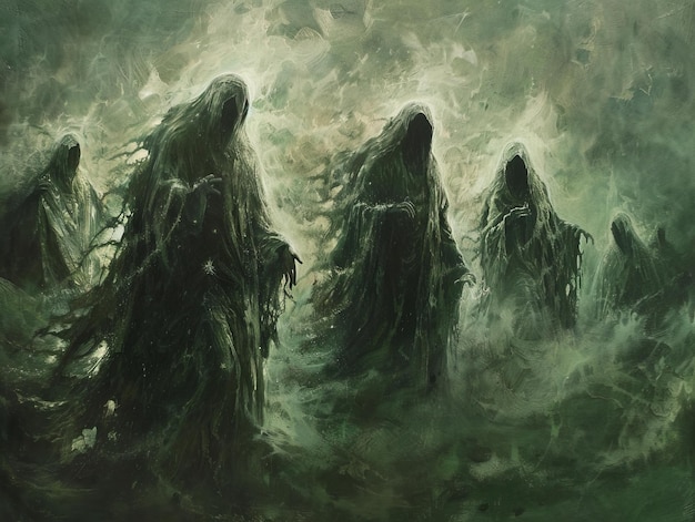 Mysterious dark hooded figures emerging from foggy dreamlike landscape Eerie haunting ambiance with ghostly silhouettes